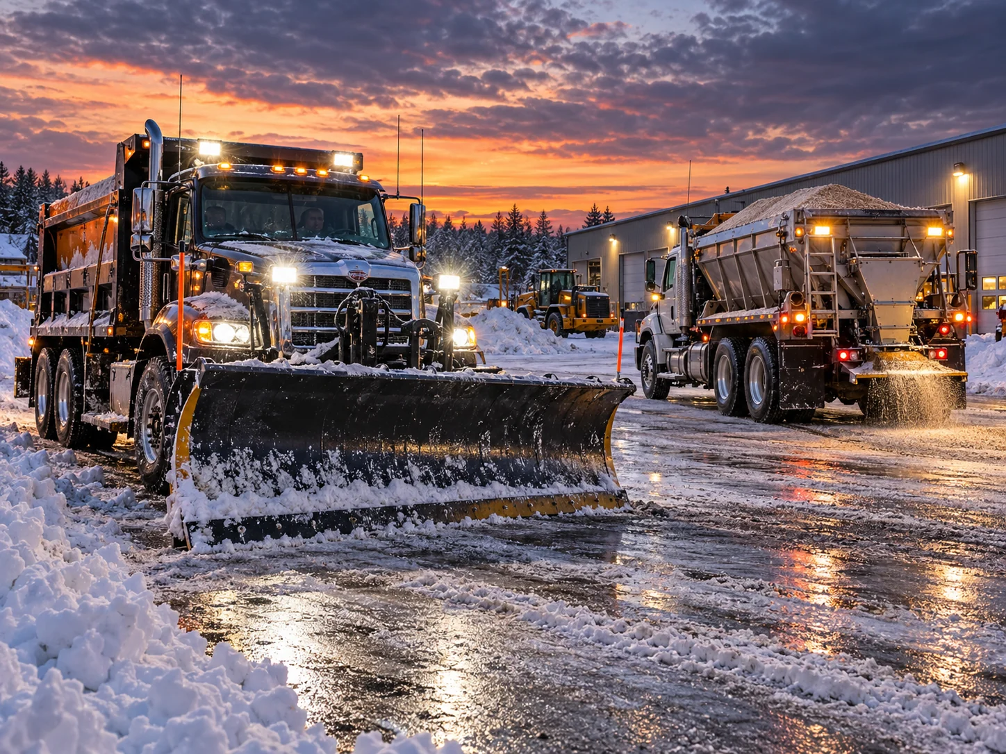 Commercial plow truck and bulk spreader in a winter yard (illustrative)