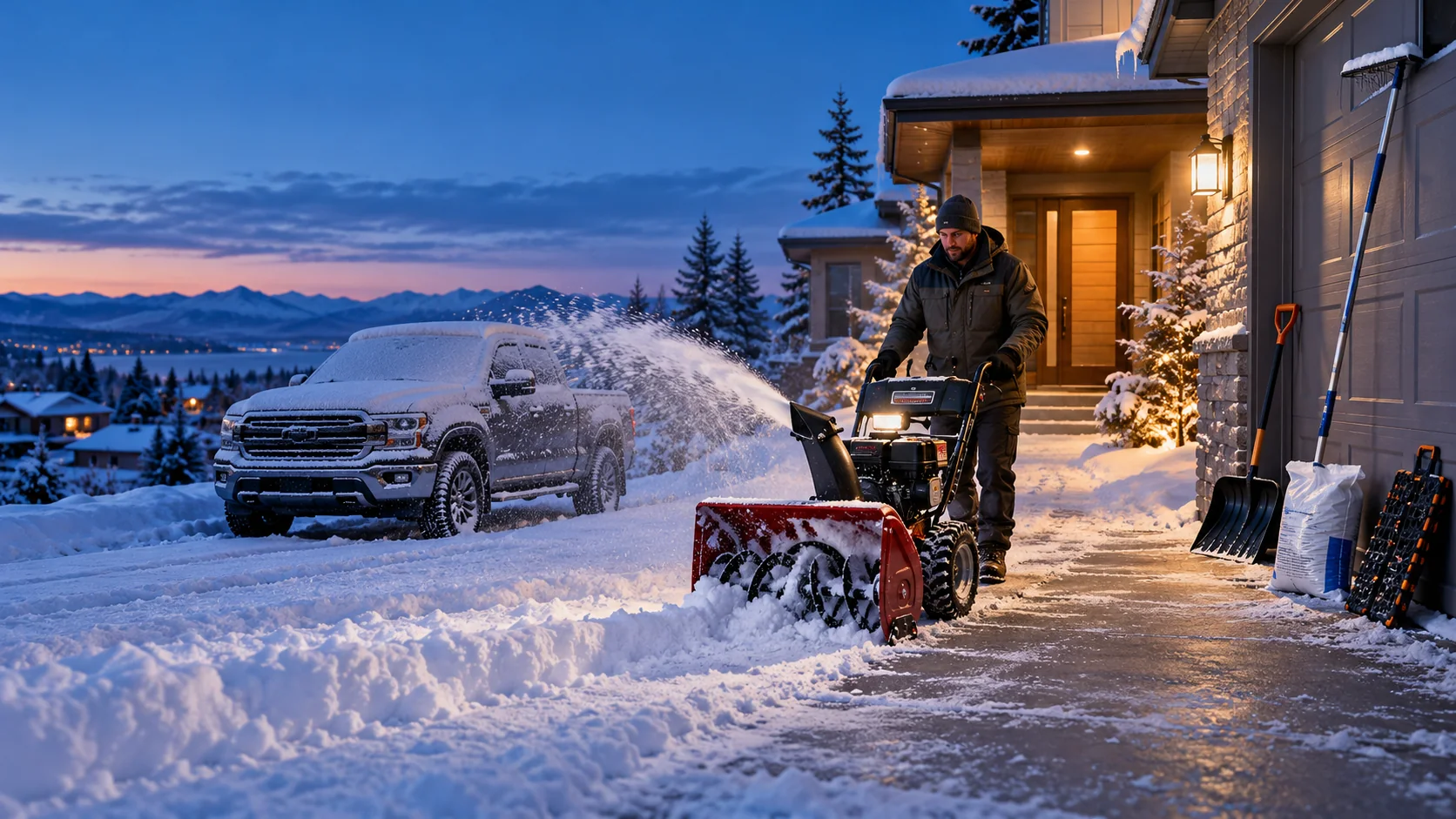 Snow blower clearing a residential driveway after a storm