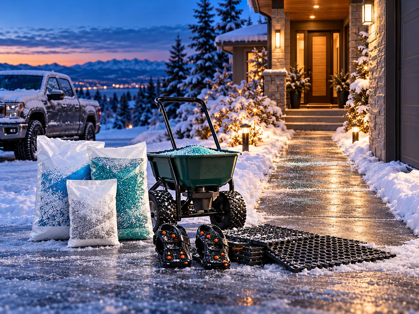 Illustrative winter deicing and spreader supplies beside a cleared path