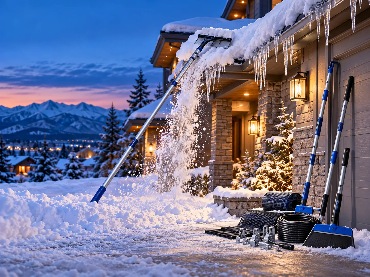 Illustrative roof-rake snow clearing from ground level