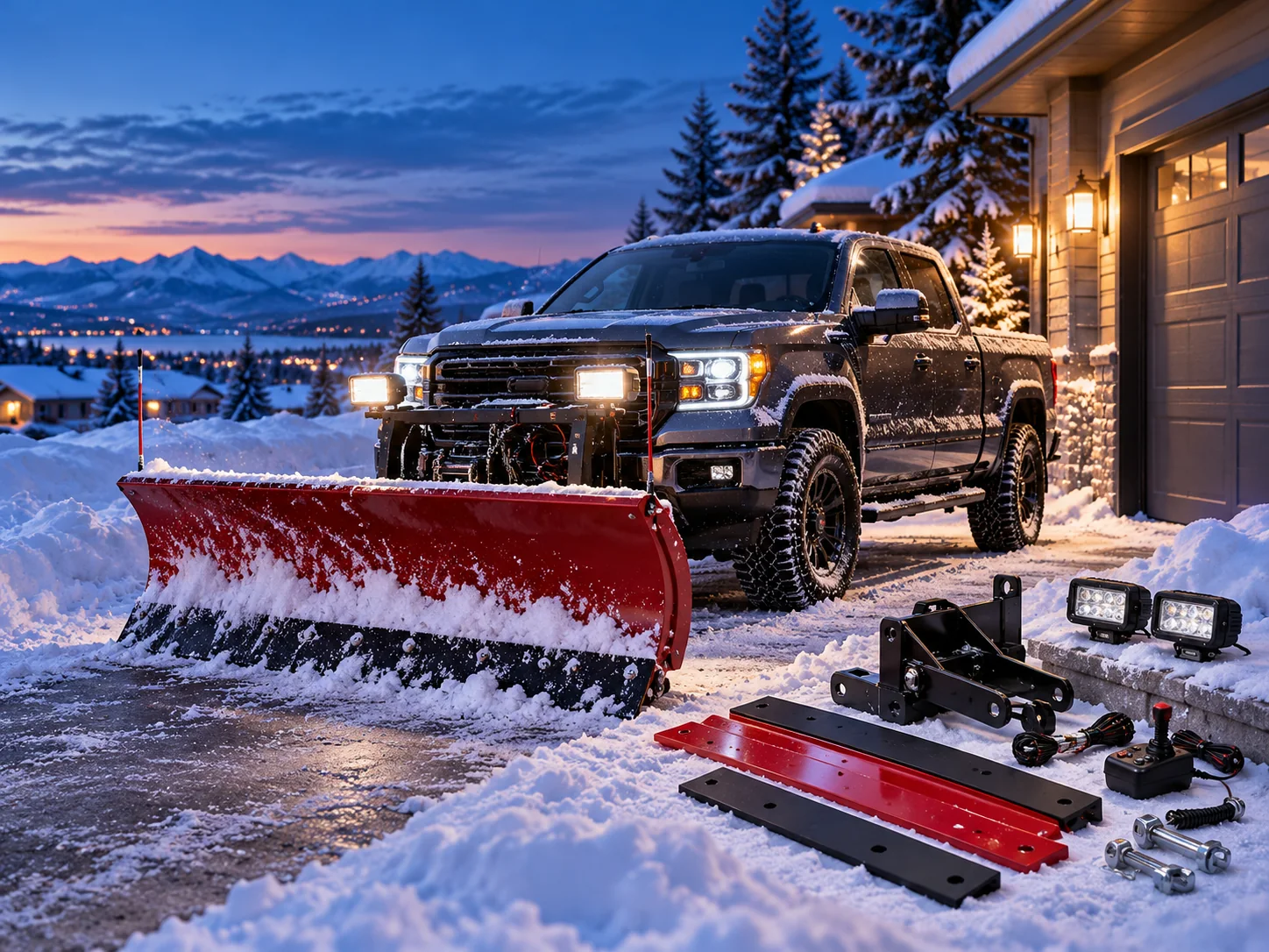 Illustrative pickup snow plow and equipment hardware in winter