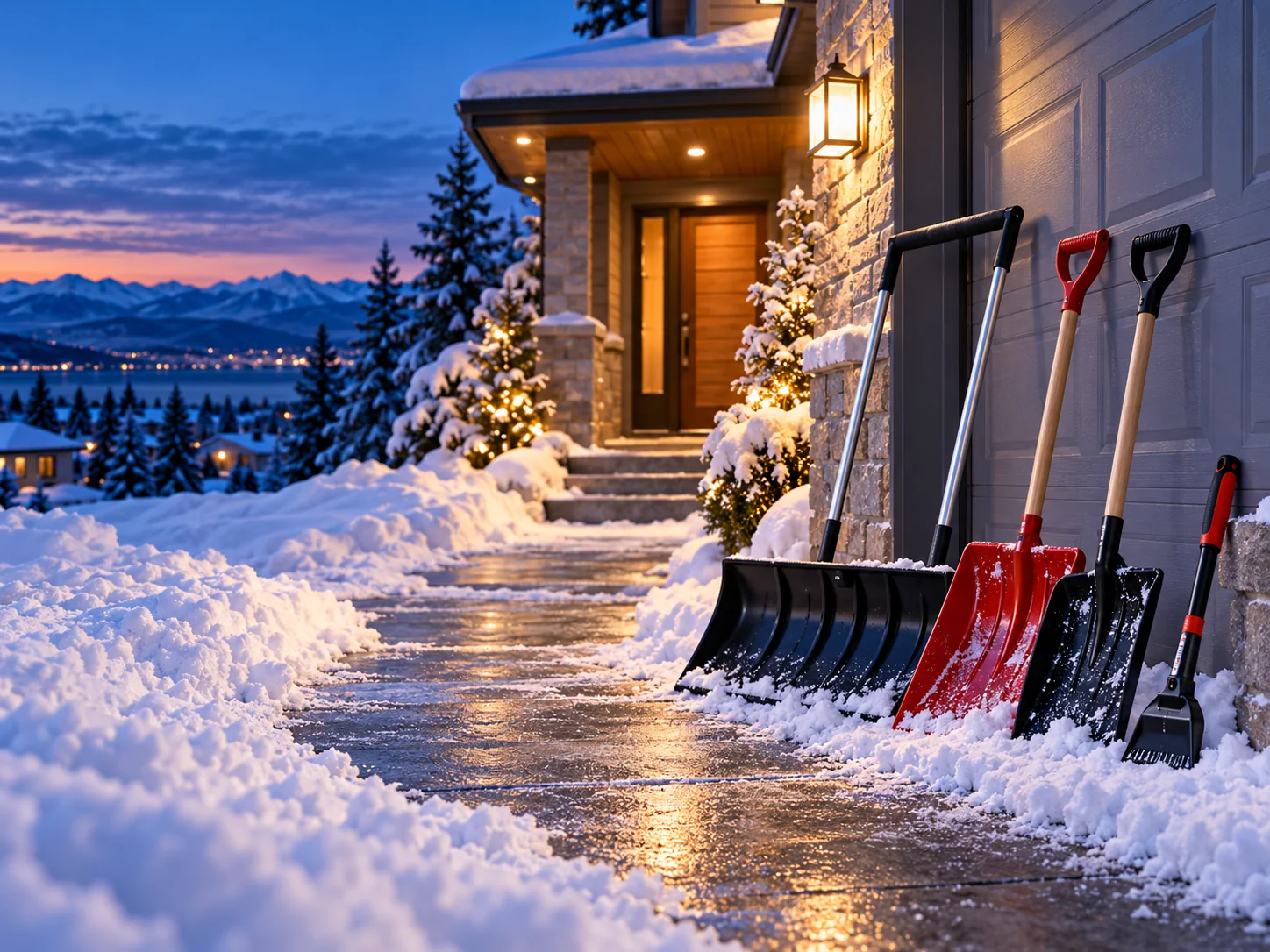 Illustrative snow shovels and hand tools, not specific products