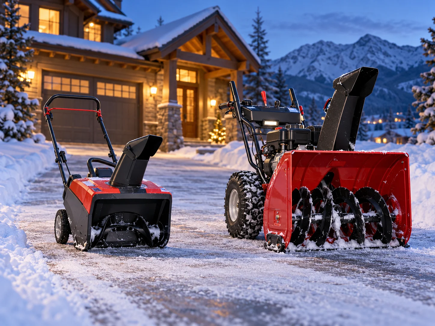 Single-stage and two-stage snow blowers compared on a snowy driveway at dusk (illustrative)