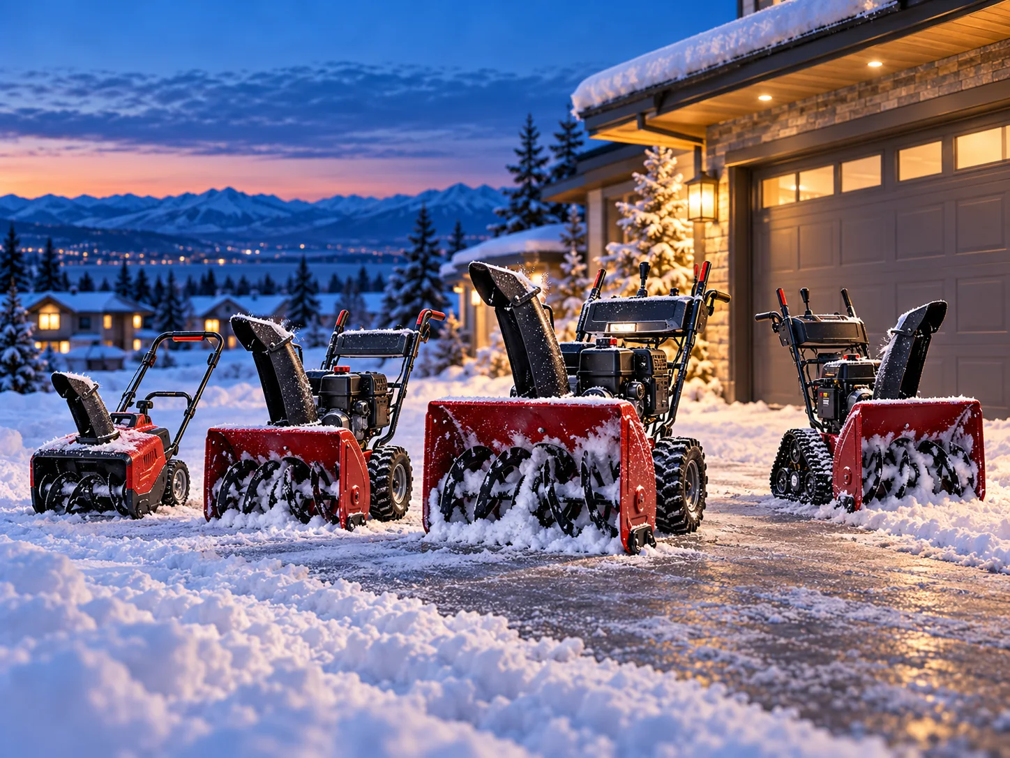 Illustrative lineup of different snow-blower designs in winter
