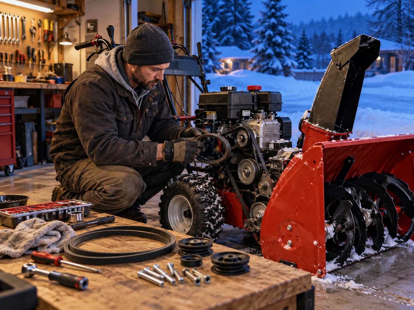 Snow blower troubleshooting and winter workshop maintenance scene (illustrative)