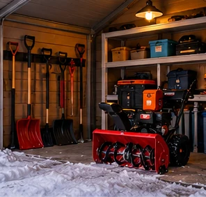 Winter garage with snow-blower equipment prepared for servicing