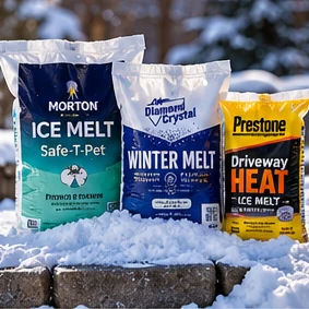 Winter equipment photography illustrating calcium chloride ice melt (not a specific product model)