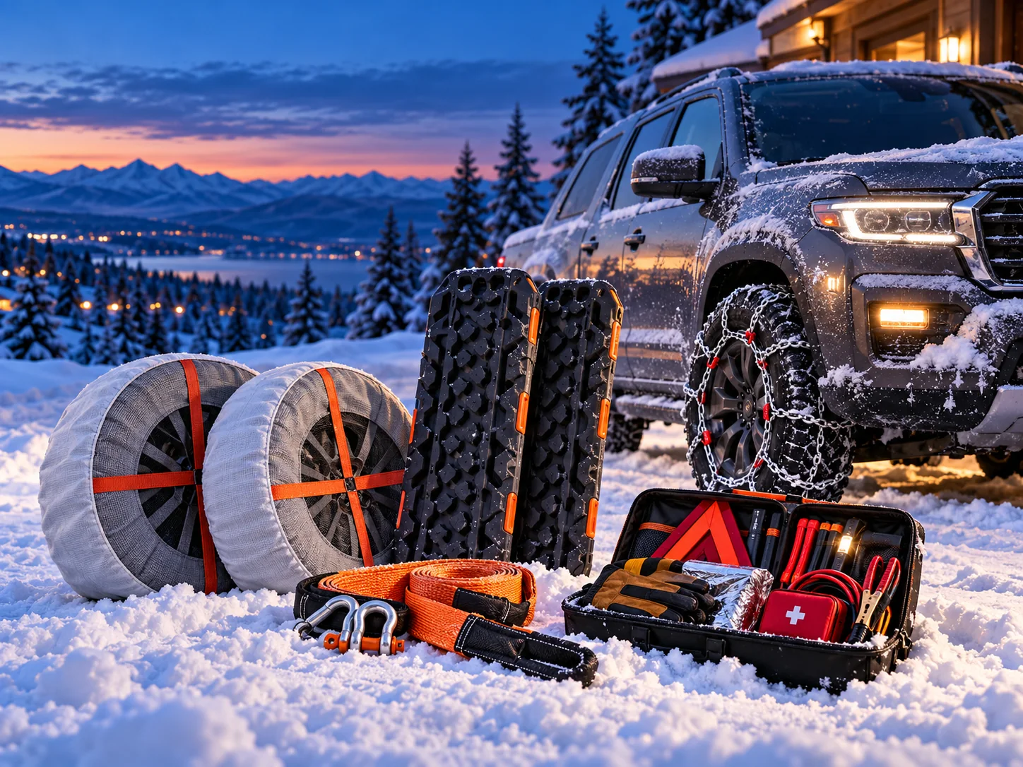 Illustrative tire-chain and roadside traction equipment in snow