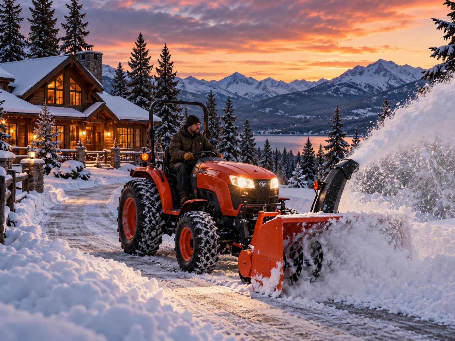 Compact tractor snow-removal equipment at a mountain home (illustrative)